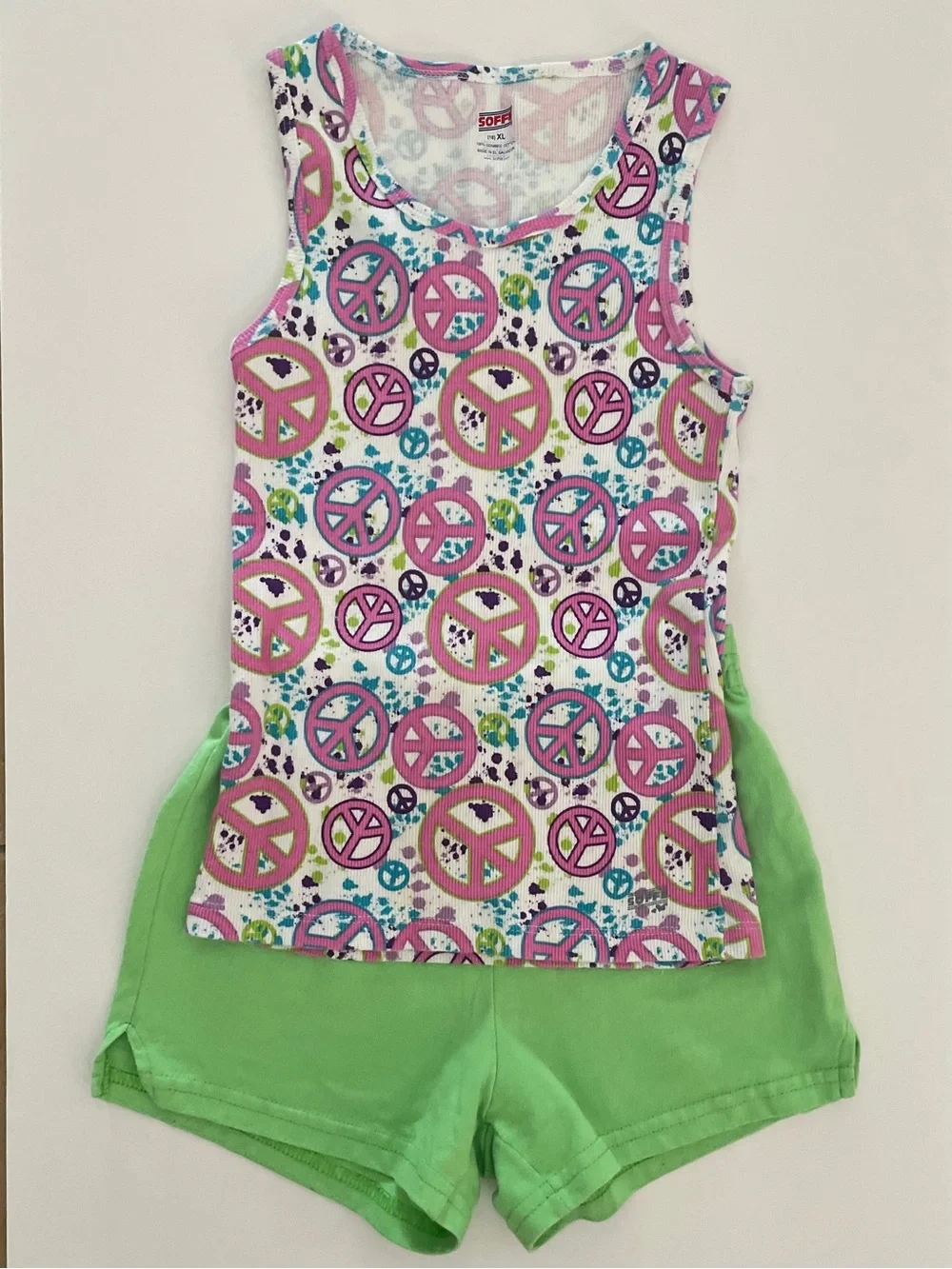 Girls Peace Sign Tank Top & Lime Green Shorts Set - Size M